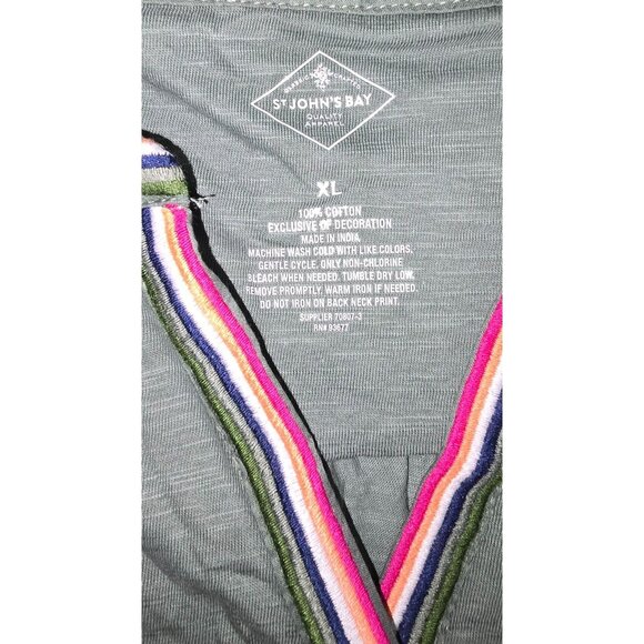 St. Johns Bay Sleeveless Green Top With Multicolor Trim Neckline 100% Cotton Wom - Picture 3 of 7